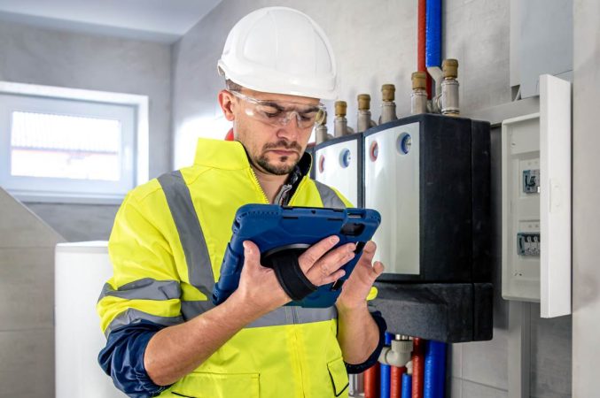 Un technicien en gilet de haute visibilité et casque blanc effectue un diagnostic face à une installation thermique pour identifier une carte électronique chauffage panne